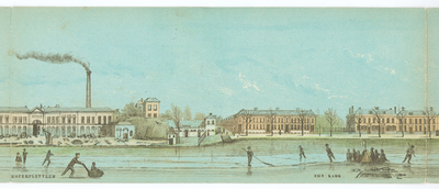 135011 Gezicht op de koperpletterij van W.H. de Heus met het zuidwestelijke bastion van het vroegere kasteel Vredenburg ...